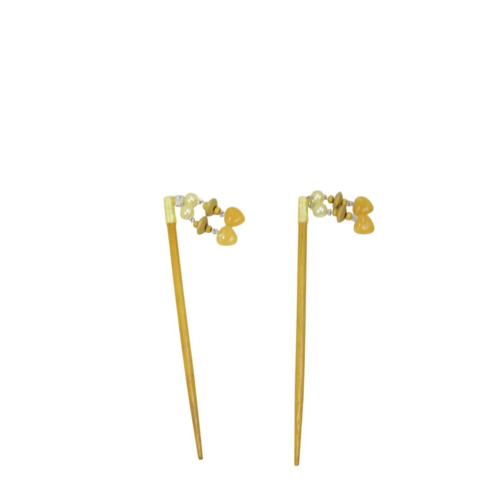 Beaded Hair Sticks Chop Sticks Bamboo Yellow Hearts 92543